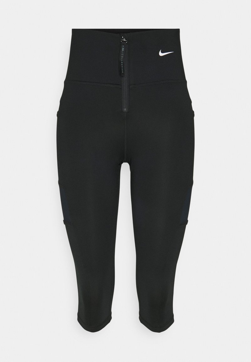 Black capri leggings made of stretchy fabric, featuring a front zip and side pockets, with a small white logo on the waistband.