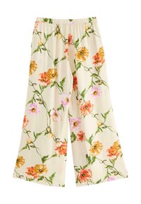 Pantaloni a gamba larga floreali realizzati in tessuto morbidissimo, con uno sfondo crema decorato da fiori arancioni, rosa e gialli e viti verdi. Vita elasticizzata.