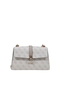 Borsa strutturata in beige con un motivo logo ripetuto. Presenta una chiusura piatta e un accento in metallo dorato. Tracolla a catena regolabile.