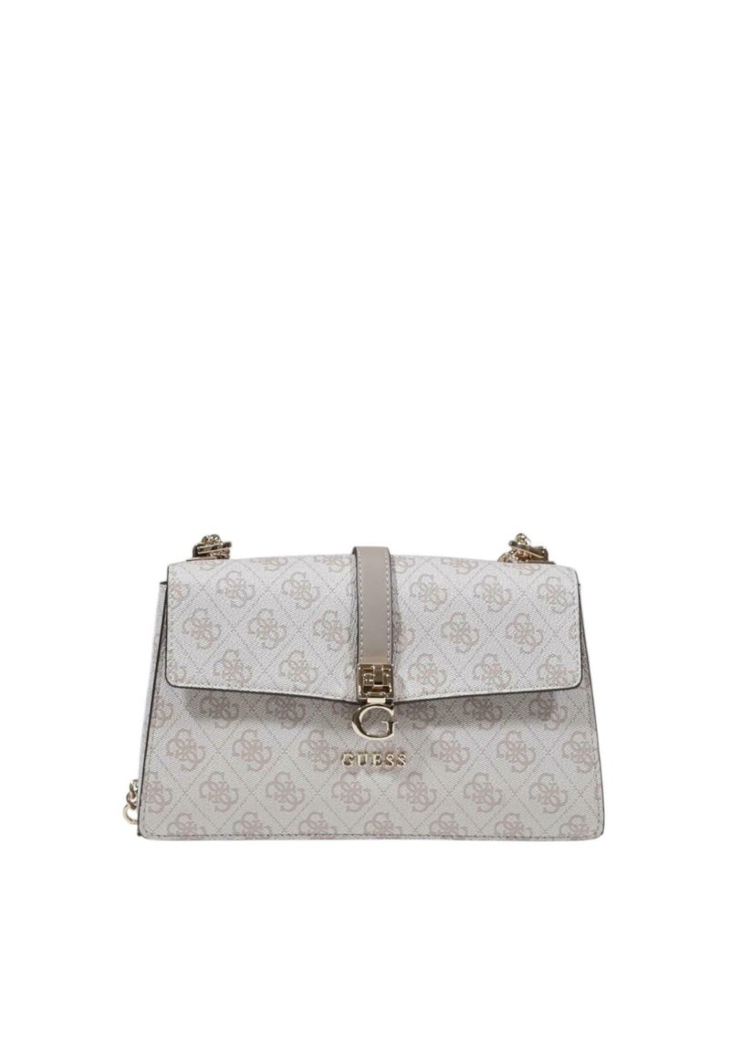 Borsa strutturata in beige con un motivo logo ripetuto. Presenta una chiusura piatta e un accento in metallo dorato. Tracolla a catena regolabile.