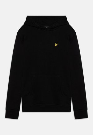 Felpa nera con tasca a marsupio, cappuccio regolabile con coulisse e un piccolo logo ricamato giallo sul petto. Tessuto morbido e polsini a coste.