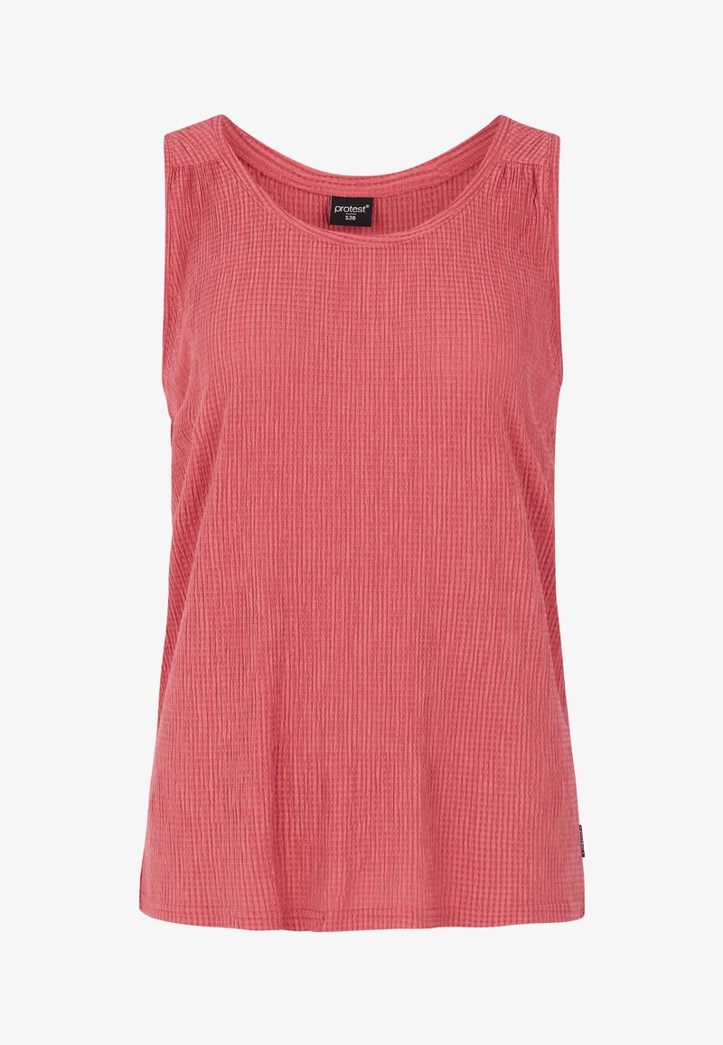 Bezrukávový top v textúrovanom koralovom materiáli, s okrúhlym výstrihom a rovnými líniami. Štítok viditeľný vzadu.
