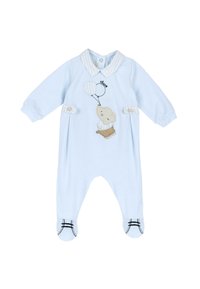 Salopette azzurra per bambini realizzata in tessuto morbido, caratterizzata da un colletto, un elefante ricamato che tiene dei palloncini e dettagli a righe nere sui piedi.