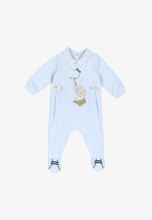 Salopette azzurra per bambini realizzata in tessuto morbido, caratterizzata da un colletto, un elefante ricamato che tiene dei palloncini e dettagli a righe nere sui piedi.