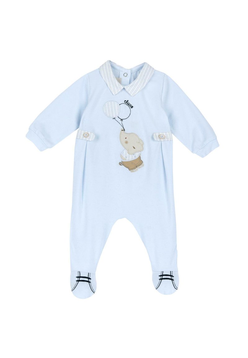 Salopette azzurra per bambini realizzata in tessuto morbido, caratterizzata da un colletto, un elefante ricamato che tiene dei palloncini e dettagli a righe nere sui piedi.