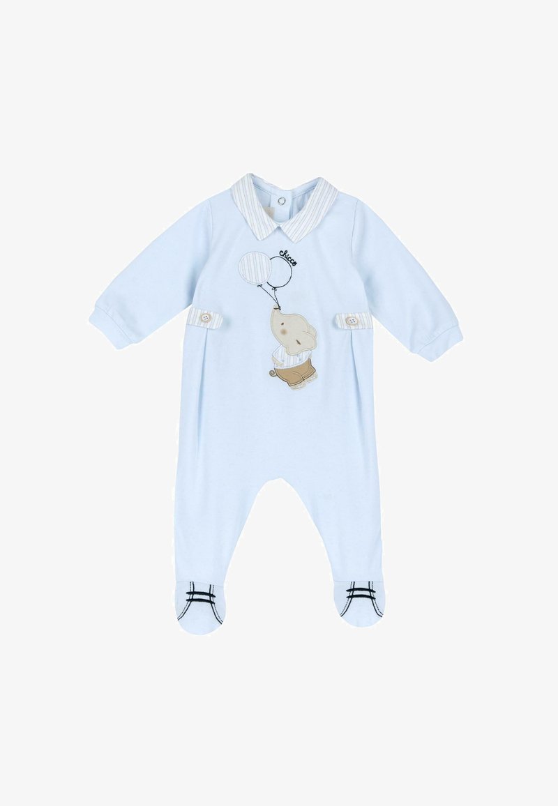Salopette azzurra per bambini realizzata in tessuto morbido, caratterizzata da un colletto, un elefante ricamato che tiene dei palloncini e dettagli a righe nere sui piedi.