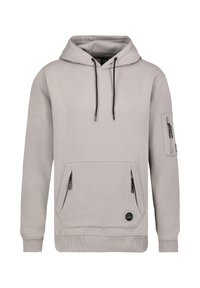 Light grey hoodie made of soft fabric, featuring a front pocket with zippers, a side zippered pocket, and black drawstrings on the hood.