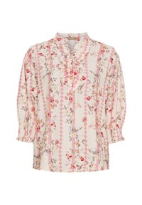 Blomstret bluse i let stof med flæsedetalje ved halsen, knaplukning og trekvartlange pufærmer med elastiske manchetter.