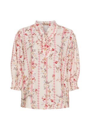 Blomstret bluse i let stof med flæsedetalje ved halsen, knaplukning og trekvartlange pufærmer med elastiske manchetter.