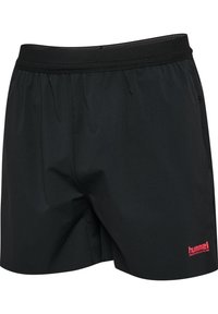 Zwarte zwemshorts van lichtgewicht stof. Voorzien van een elastische tailleband met mesh en een klein roze logo rechtsonder.