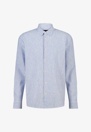 Overhemd met lange mouwen en knopen, met verticale blauw-witte strepen, puntige kraag en met knopen sluitbare manchetten.