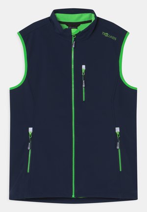 Marineblaue Softshell-Weste mit grünen Akzenten, voller Frontreißverschluss und zwei mit Reißverschluss versehenen Taschen. Verfügt über einen Stehkragen und ärmelloses Design.