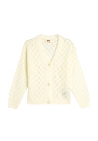 Stickad cardigan i mjuk krämfärg med V-ringning, prydd med ett bladmönster, sex knappar, ribbade ärmslut och nederkant, samt en strukturerad tygkvalitet.