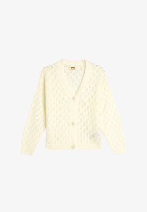 Strickjacke in zartem Creme mit V-Ausschnitt, mit einem Blattform-Muster, sechs Knöpfen, gerippten Bündchen und Saum sowie einem strukturierten Stoff.