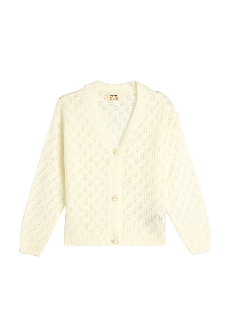 Stickad cardigan i mjuk krämfärg med V-ringning, prydd med ett bladmönster, sex knappar, ribbade ärmslut och nederkant, samt en strukturerad tygkvalitet.
