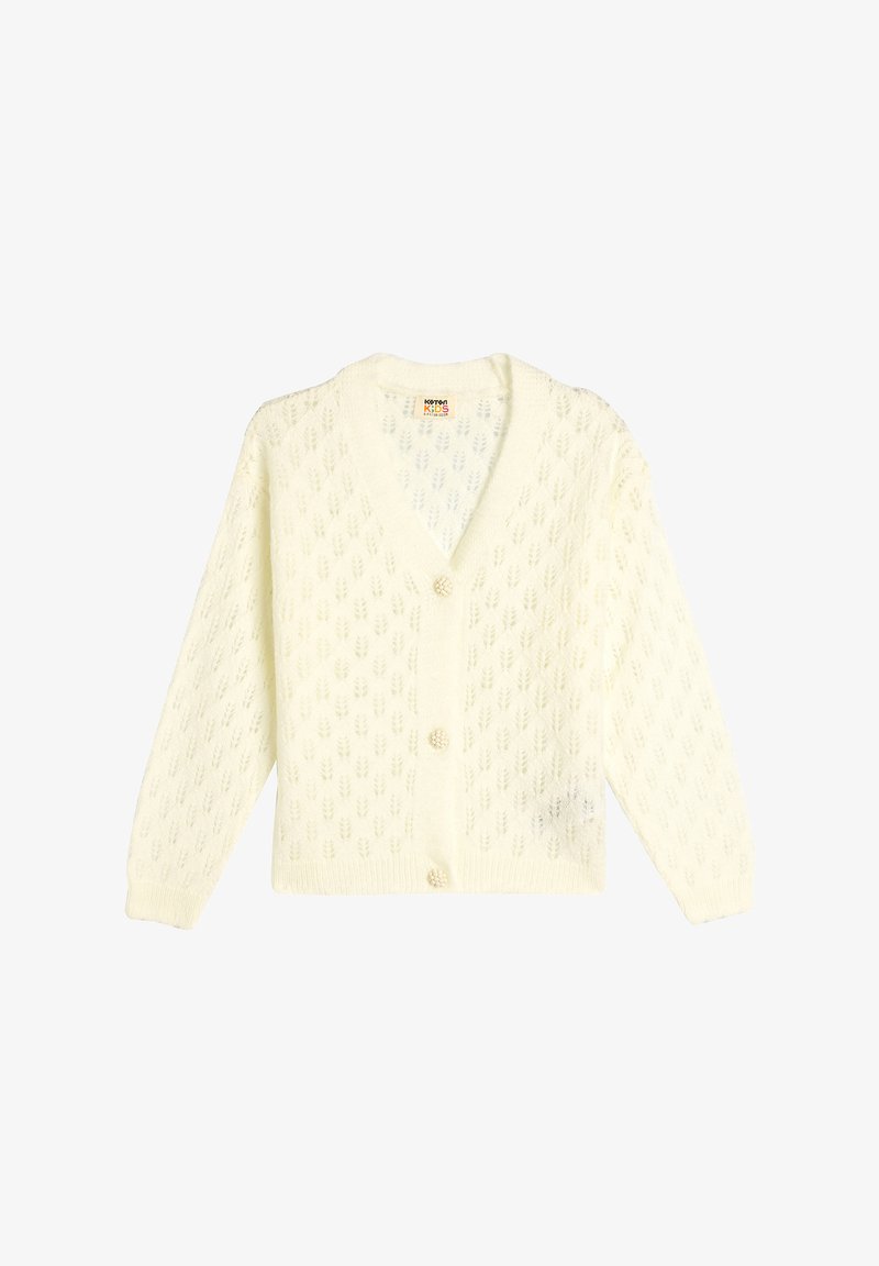 Strikket cardigan i blød creme med V-hals, prydet med et bladmønster, seks knapper, ribbede manchetter og kant, samt et struktureret stof.