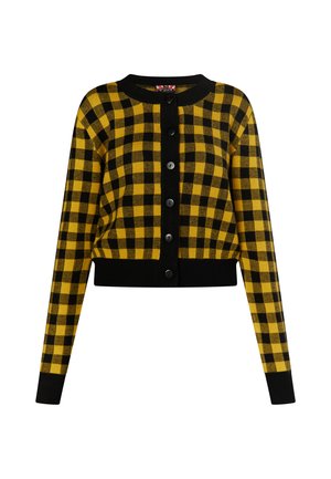 Zwart en geel geblokt cropped cardigan gemaakt van zacht breimateriaal, met zwarte knopen en een ronde halslijn.