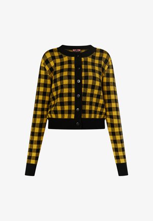 Mustard- ja musta ruuduline lühike kardigan, valmistatud pehmest kudumist, mustade nööpidega ja ümarate kaelustega.