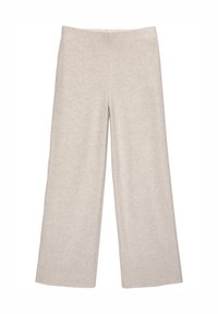 Pantalon beige à jambes larges en tissu doux, avec une ceinture élastique et une texture lisse, sans motifs ni accessoires visibles.