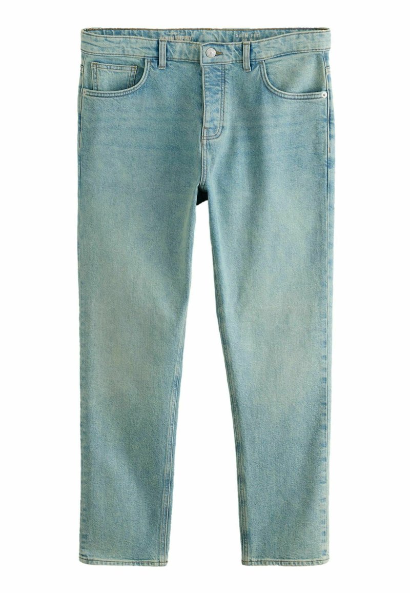 Jeans in denim blu chiaro con una vestibilità slim, dotati di cinque tasche, chiusura a bottone e leggere sfumature per un tocco di texture.