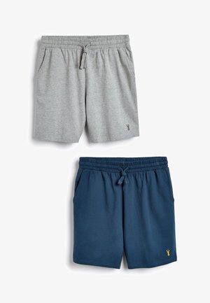 Deux paires de shorts : une grise et une marine. Elles ont toutes deux une taille élastique, des cordons de serrage, des poches latérales et un petit accent de logo jaune.