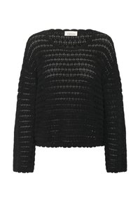 Maglione nero lavorato a maglia con una vestibilità ampia, caratterizzato da un motivo testurizzato e maniche larghe. Il collo è rotondo e il design è leggero.