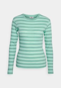 Langarmshirt in Hellgrün mit horizontalen Streifen. Gerippte Textur mit unterschiedlich breiten Streifen. Rundhalsausschnitt, taillierte Passform.