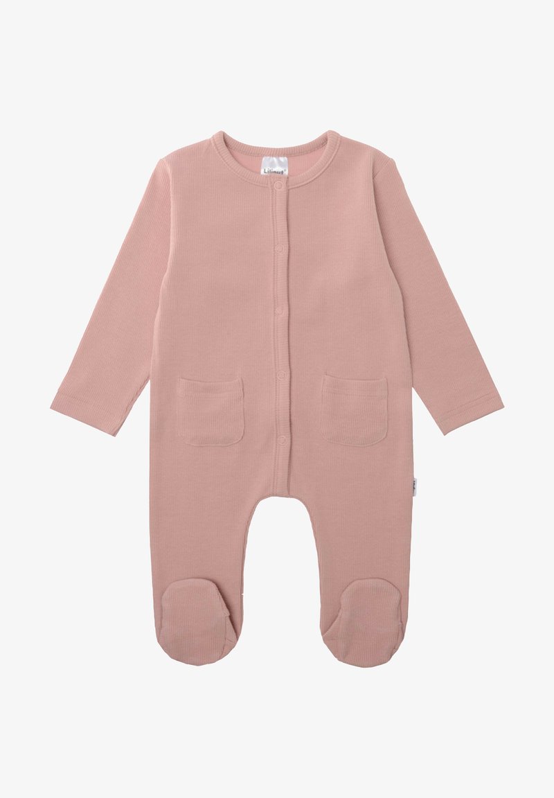 Pink ribbed onesie with long sleeves, snap buttons down the front, two front pockets, footed design, and soft texture.