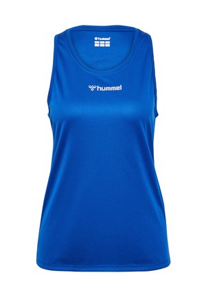Blå ærmeløs atletisk top lavet af glat, let stof. Har en rund halsudskæring og et lille hvidt logo på forsiden.