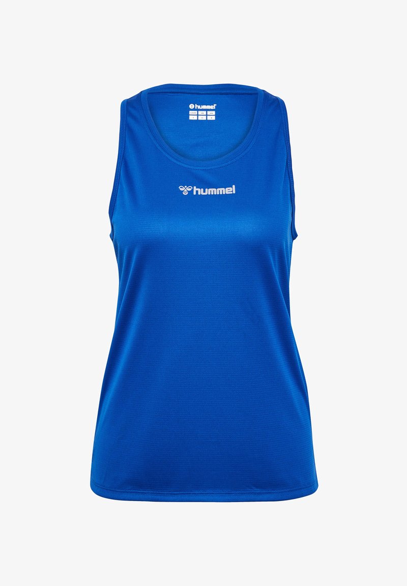 Blauw mouwloos sporttop gemaakt van glad, lichtgewicht materiaal. Beschikt over een ronde halslijn en een klein wit logo aan de voorkant.