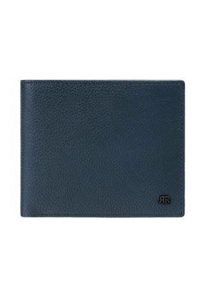 Portefeuille en cuir texturé bleu foncé avec logo noir "RR" en bas à droite, fermé et présenté sur fond blanc.