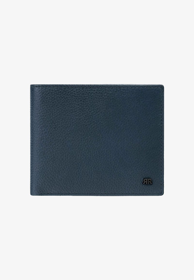 Cartera de cuero texturizado azul oscuro con logo negro "RR" en la esquina inferior derecha, cerrada y mostrada sobre fondo blanco.