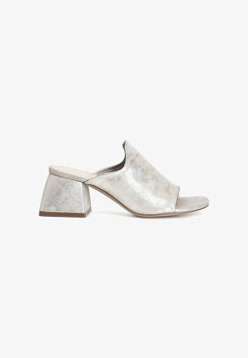 Metallic silver open-toe mules with a soft texture, featuring a wide upper and a block heel design for stability.