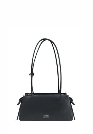 Borsa a mano rettangolare in pelle nera con lunghi sottili spallacci, chiusura a zip, lacci laterali e logo "Coveri active" sul davanti.