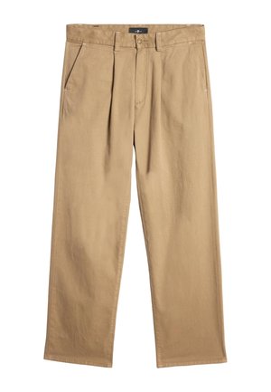 Khaki broek met een relaxte pasvorm, geplooide voorkant, zijzakken en een zacht katoen. Ceintuurlussen en een knoopsluiting in de taille.