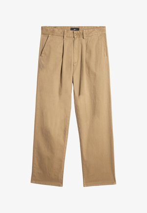 Khaki broek met een relaxte pasvorm, geplooide voorkant, zijzakken en een zacht katoen. Ceintuurlussen en een knoopsluiting in de taille.