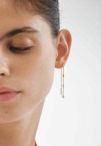 Pendientes de cadena de oro con eslabones alargados, que presentan diferentes formas y longitudes, colgando con gracia del lóbulo de la oreja sobre un fondo neutro.