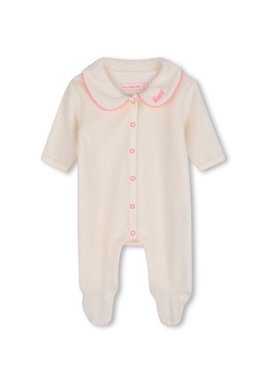 Grenouillère pour bébé de couleur crème avec des boutons-pression roses, un col Peter Pan bordé de rose et le mot "love" brodé sur le col.