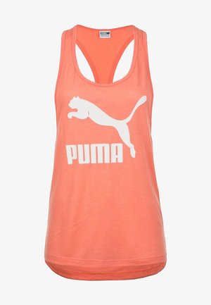 Koralowy sportowy top bez rękawów z białym logo Puma i grafiką skaczącego pumy z przodu, styl racerback, lekki materiał.