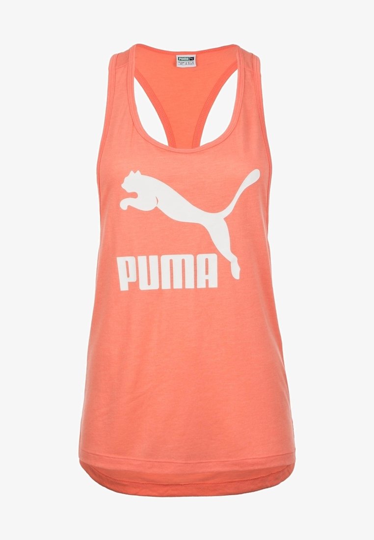 Débardeur sportif corail sans manches avec logo Puma blanc et graphique d’un puma sautant sur le devant, style dos nageur, tissu léger.
