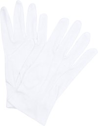Witte katoenen handschoenen met een gladde textuur, een aansluitend ontwerp en vijf vingergaten. Naadloze constructie en een schone, uniforme uitstraling.