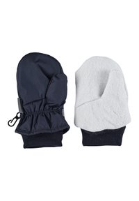 Blaues wasserdichtes Außenhandschuh mit elastischem Bündchen und einem grauen Fleece-Innenhandschuh, mit glatter Textur und runder Form.