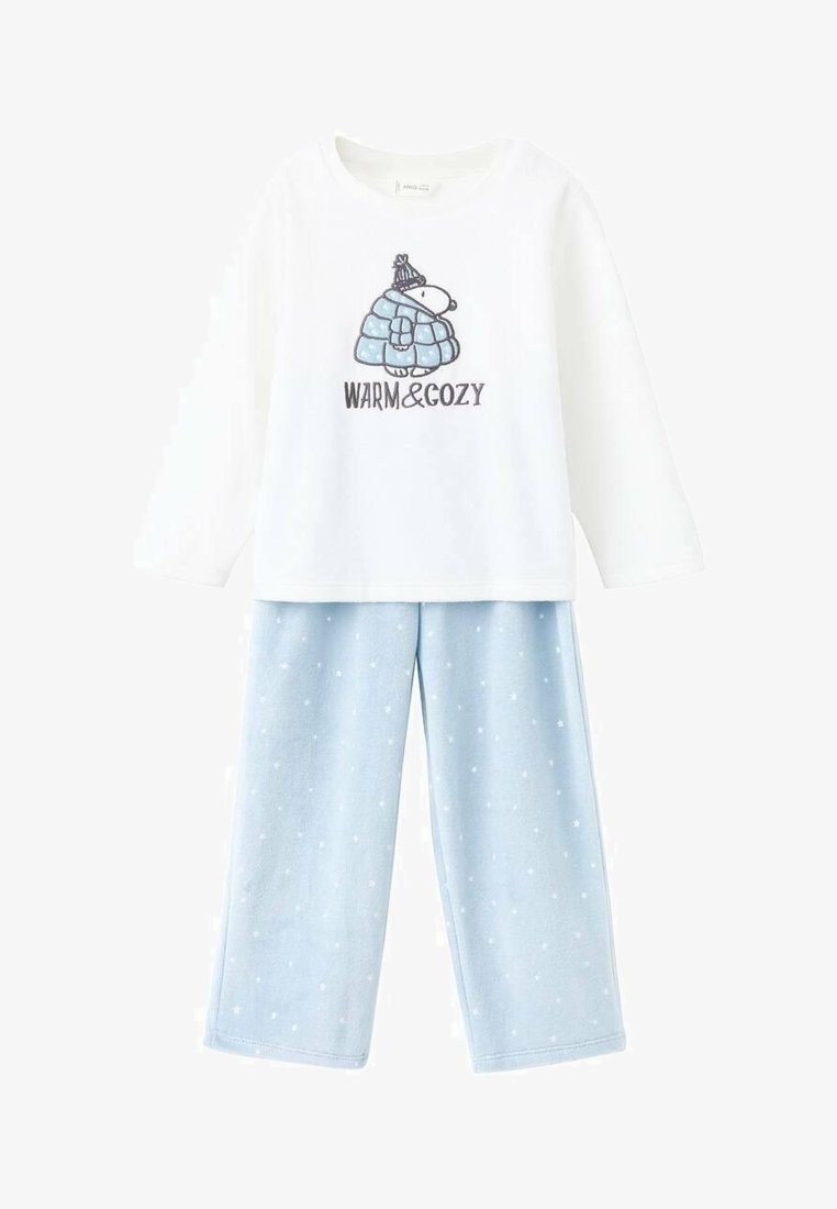 Ľahká bavlnená pyžamová súprava s bielou blúzkou s dlhým rukávom, na ktorej je kreslený medveď a nápis "WARM&COZY", doplnená o mäkké modré flanelové nohavice, ktoré sú zdobené bielymi bodkami.