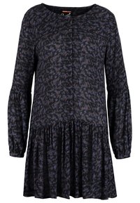 Abito nero con motivo floreale viola e blu, maniche lunghe, orlo inferiore arricciato e chiusura a bottoni sul davanti. Tessuto morbido.