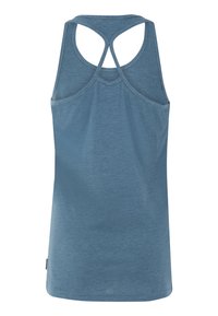 Blauwe tanktop met een ronde halslijn, racerback ontwerp en een gladde, zachte textuur. Heeft stiksels langs de randen en een klein label.