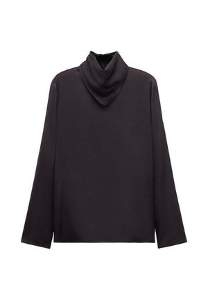 Černé tričko s dlouhým rukávem a rolákem s volným, přeloženým límcem a rovnou spodní hranou, zobrazené na bílém pozadí.