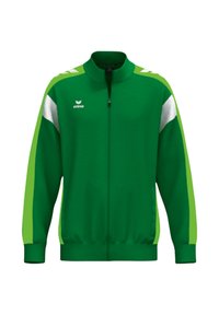 Grüne zip-up Jacke mit hellgrünen und weißen Seitenstreifen. Verfügt über einen hohen Kragen und eine weiche Stoffstruktur. Emblem auf der Brust.