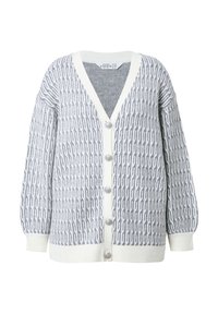 Cardigan lavorato a maglia grigio con motivo a catena bianco, dotato di scollo a V, chiusura con bottoni e colletto e polsini a coste.