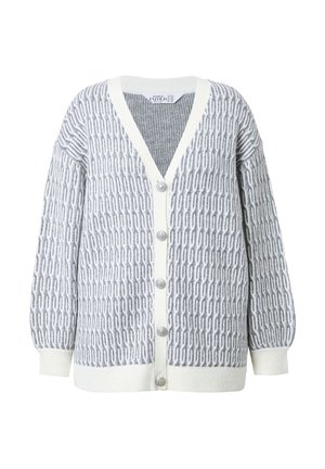 Cardigan lavorato a maglia grigio con motivo a catena bianco, dotato di scollo a V, chiusura con bottoni e colletto e polsini a coste.