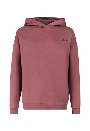 Mauve hoodie met lange mouwen en een klein geborduurd "protest" logo op de linker bovenborst.
